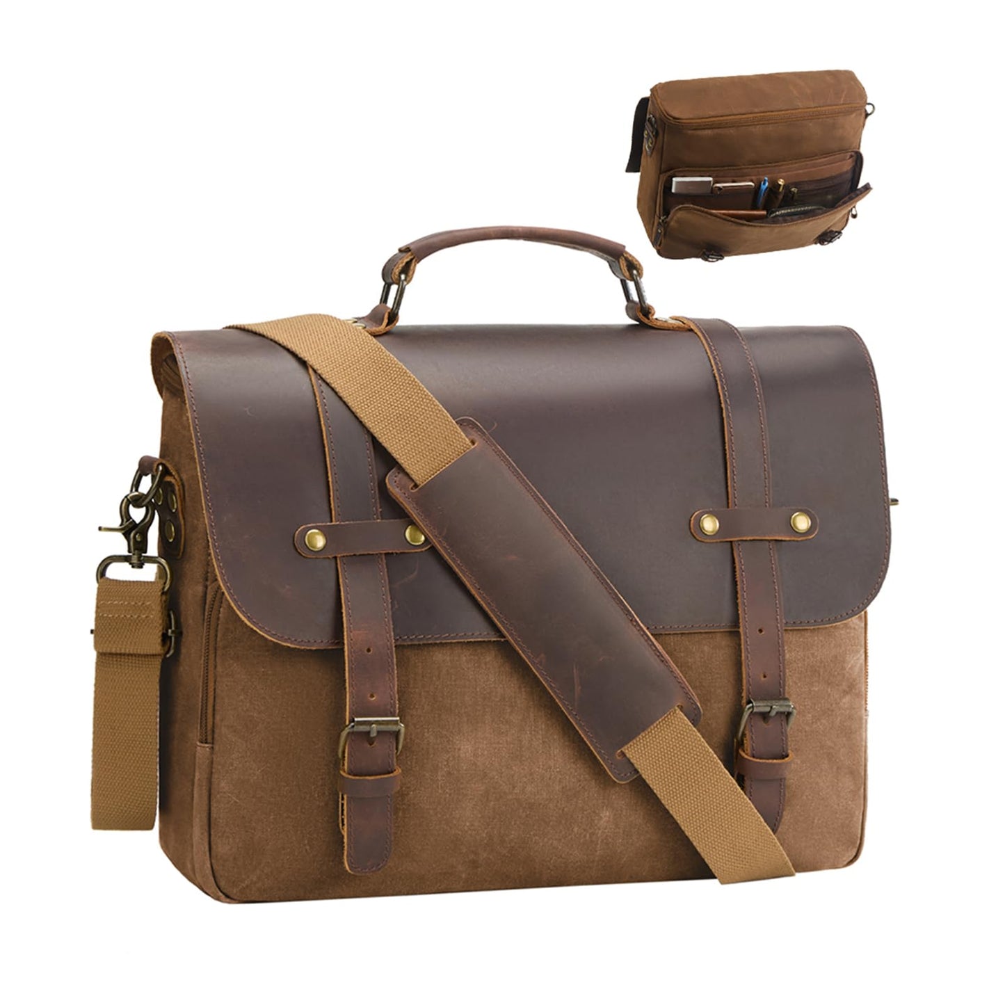 Men's Messenger Bag Waxed Canvas Briefcase 16 Inch, Coffee
