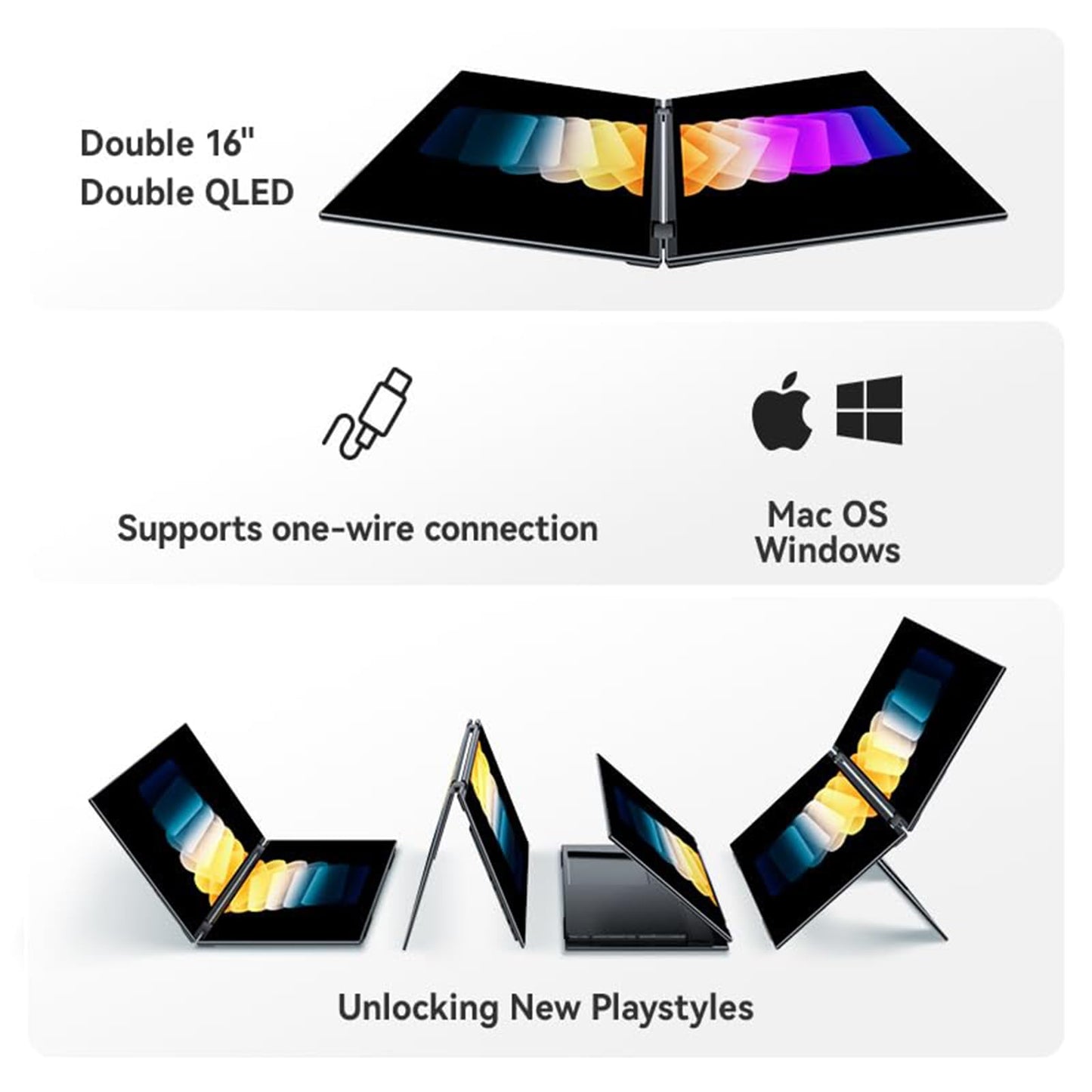 EHOMEWEI X1 Foldable Dual Screen Portable Monitor 16"×2 FHD 1920×1200 Laptop Screen Extender USB-C HDMI Plug & Play for MacBook Windows iPhone Switch PS5