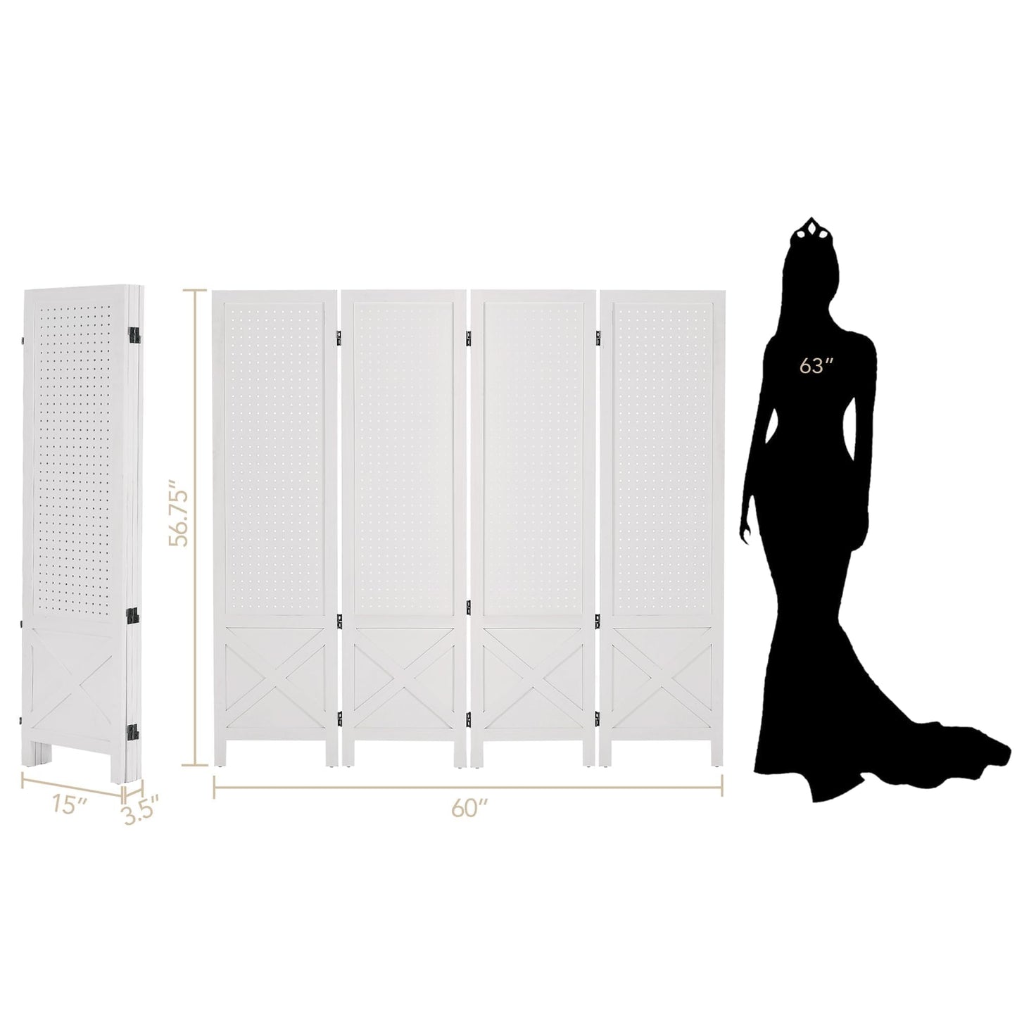 Wnutrees 4 Panel Pegboard Display, 5 Ft Wood Folding Privacy Screens Room Divider, Portable Freestanding Display Board for Craft/Art Shows, Retail, Events, Wall Organizer, Rustic Barnwood, White
