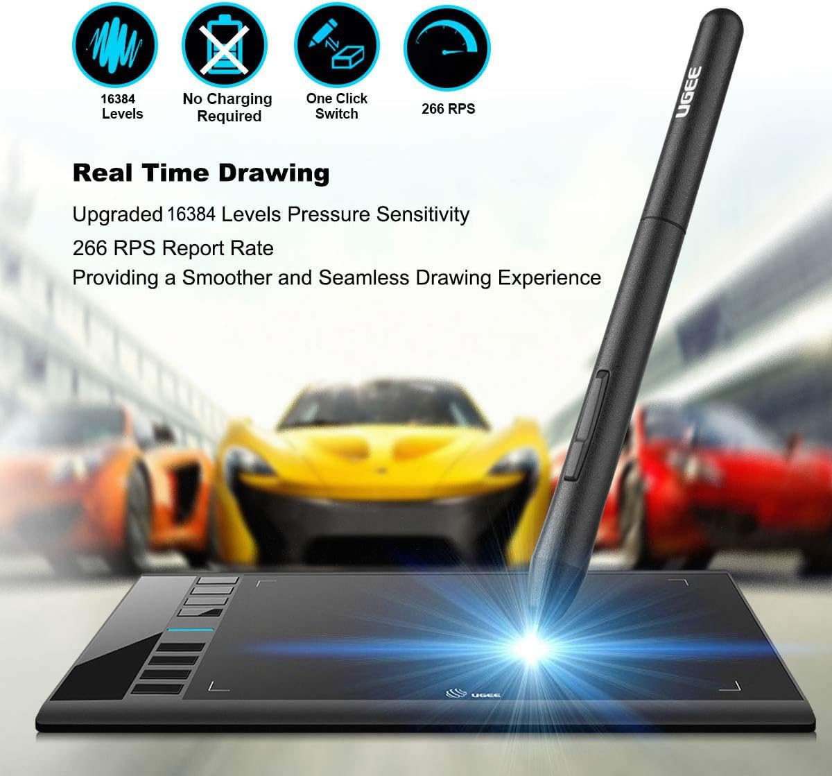 Drawing Tablet, UGEE M708 10 x 6 inch Large Drawing Tablet with 8 Hot Keys, Passive Stylus of 16384 Levels Pressure, Digital Graphics Art Tablet for PC Paint, Design, Art Creation Sketch