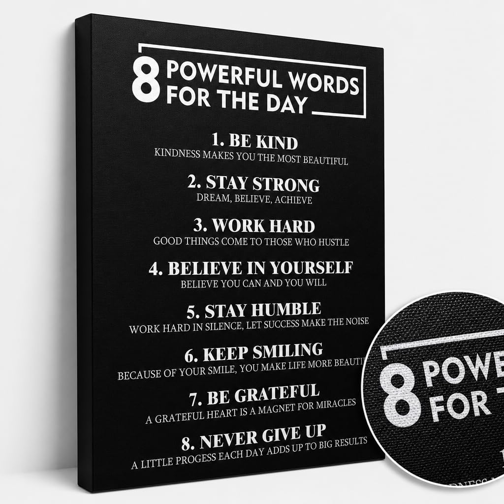 PJQART 8 Powerful Words for the Day Inspirational Framed Canvas Wall Art, Black and White Quote Poster with Uplifting Phrases for Home Office, Dorm Room, or Classroom Decor, 24x18 Inch