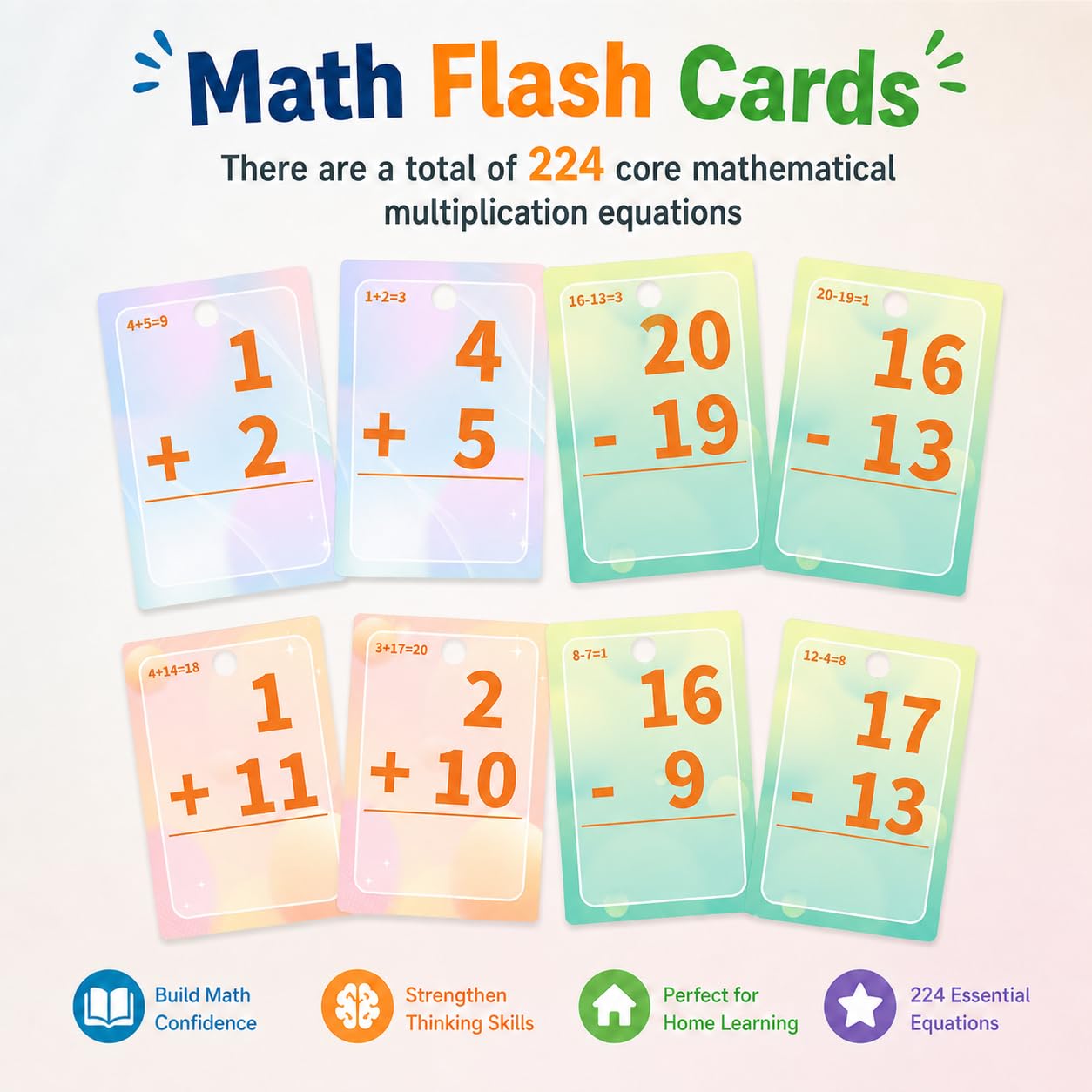 Alened Addition and Subtraction Flash Cards, Math Facts Flashcards 1-20, Math Manipulatives Games for Kindergarten, 1st, 2nd, 3rd, 4th, 5th, 6th Grade Kids Ages 4-12-56cards