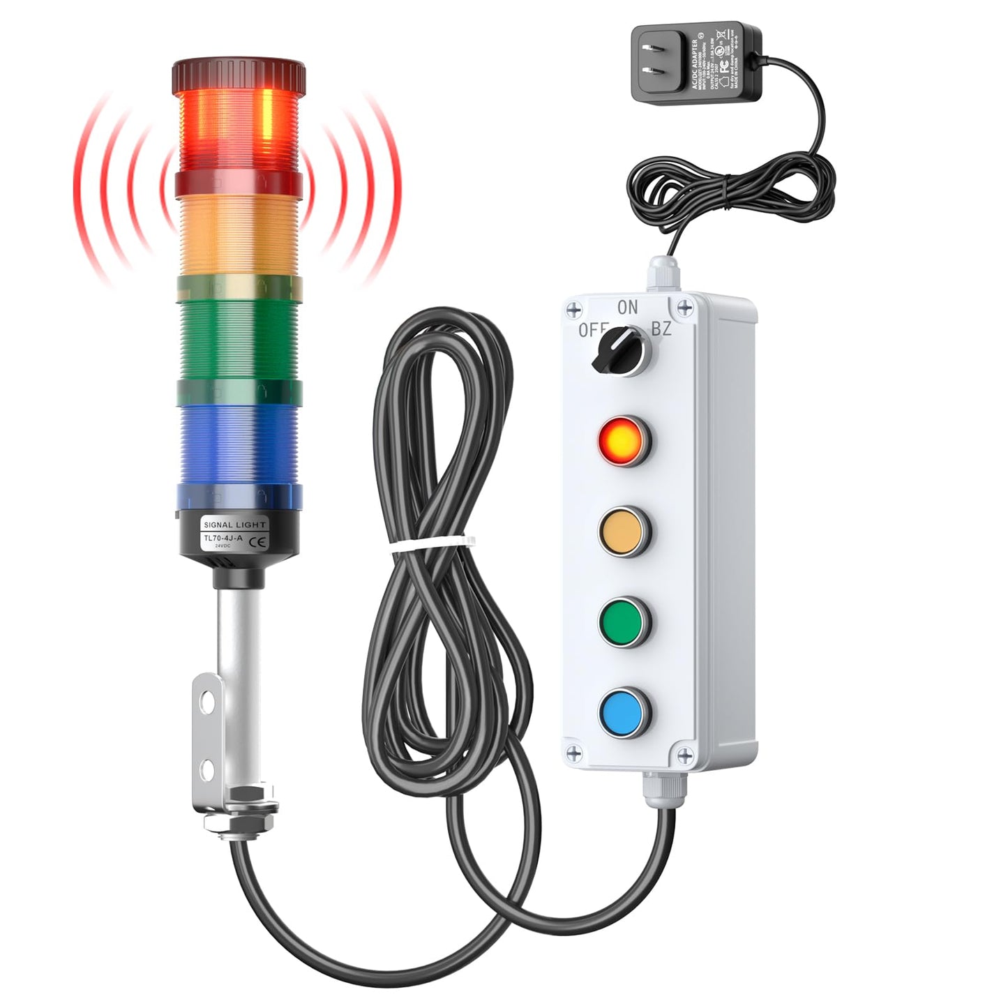 4 Stack Super Bright LED Andon Tower Light with Buzzer, 24VDC Red/Yellow/Green/Blue, Off-ON Switch, 16.4ft Extension Cord, 9.8ft Power Adapter, Plug Play Ready, for Factory Automation & Safety Alarms