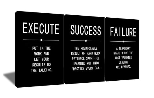 Inspirational Wall Art Success Quote Canvas Painting Positive Motivational Wall Art Execute Failure Definition 3 Pieces Black Poster Framed Artwork Prints Picture for Living Room Office [48''Wx 24''H]
