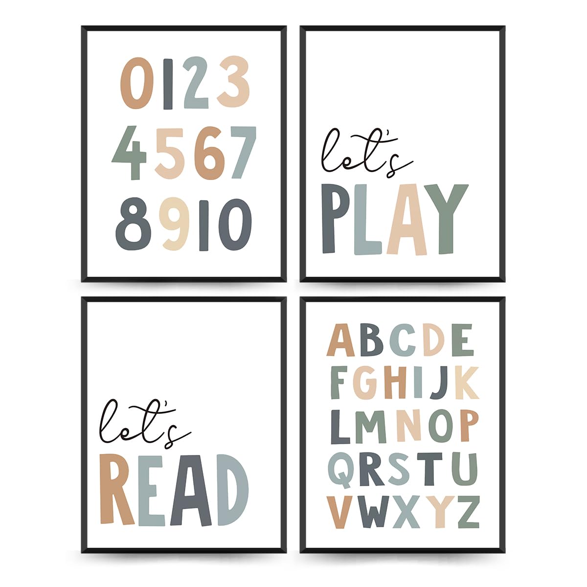 PLKMN Let's Play Read Wall Art Set of 4, Educational Posters, Montessori Classroom Decor, Neutral Kids Decor,Alphabets Number Prints for Nursery Classroom,8x10 Unframed - Boho