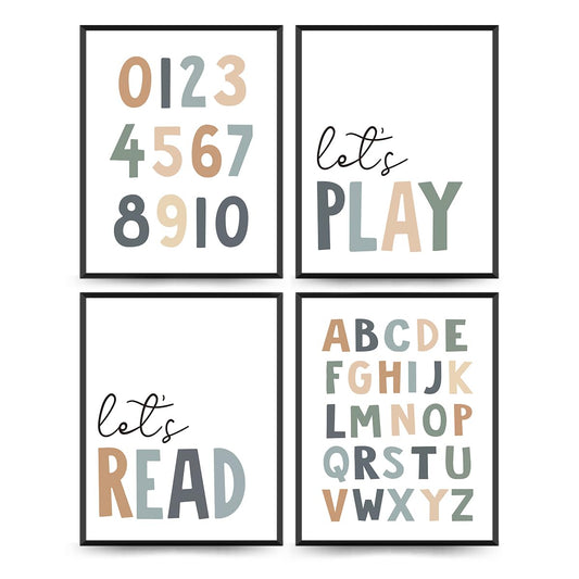 PLKMN Let's Play Read Wall Art Set of 4, Educational Posters, Montessori Classroom Decor, Neutral Kids Decor,Alphabets Number Prints for Nursery Classroom,8x10 Unframed - Boho