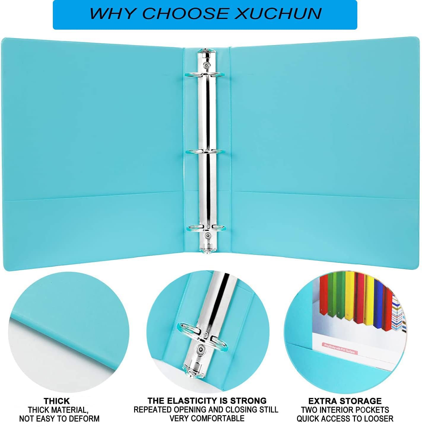 XUCHUN 3 Ring Binders 2 Inch,Clear View Binder with 2 Pockets, Holds 450 Sheets 8.5x11 Inches Paper, Customizable Cover & Spine, Large Capacity Binders for Office, School, Home, Business