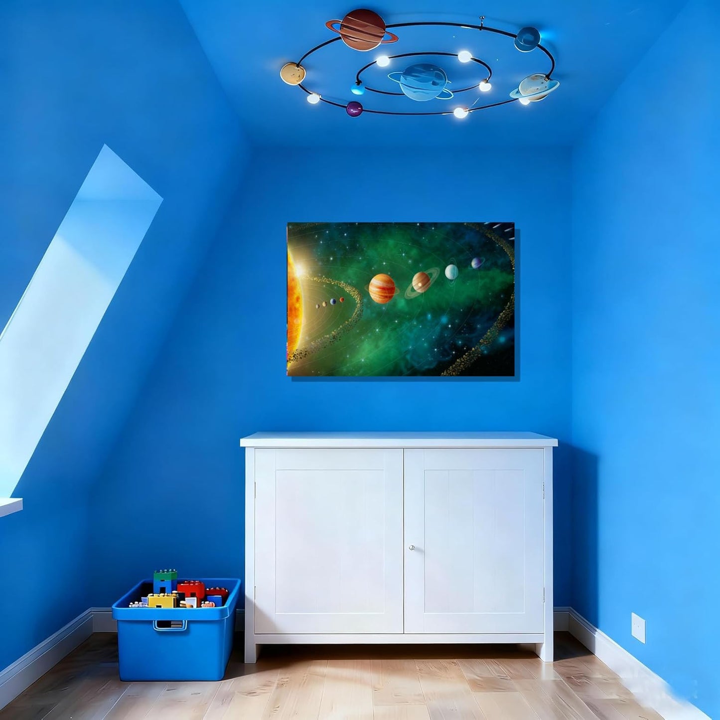 16x24 inches Framed Solar System Space Canvas Wall Art Green Galaxy Planets Astronomical Decor Kids Bedroom Cosmic Wall Pictures Teen Boy Room Universe Poster Child Office Study Room Prints