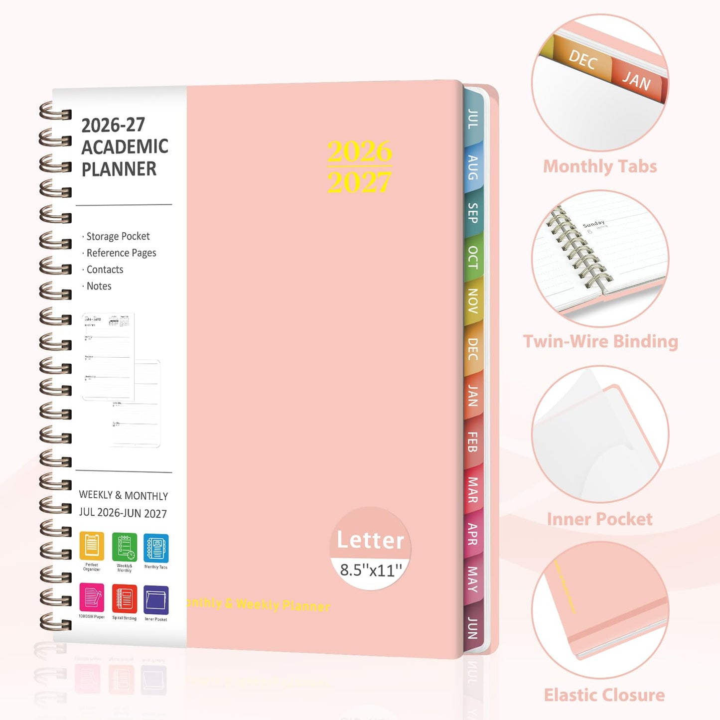 Planner 2026-2027, Weekly and Monthly Academic Planner, July 2026 - June 2027, Hardcover Calendar Agenda Book for School Year Planning, School Supplies for Teacher and Student, Letter Size(8.5'' x 11'')
