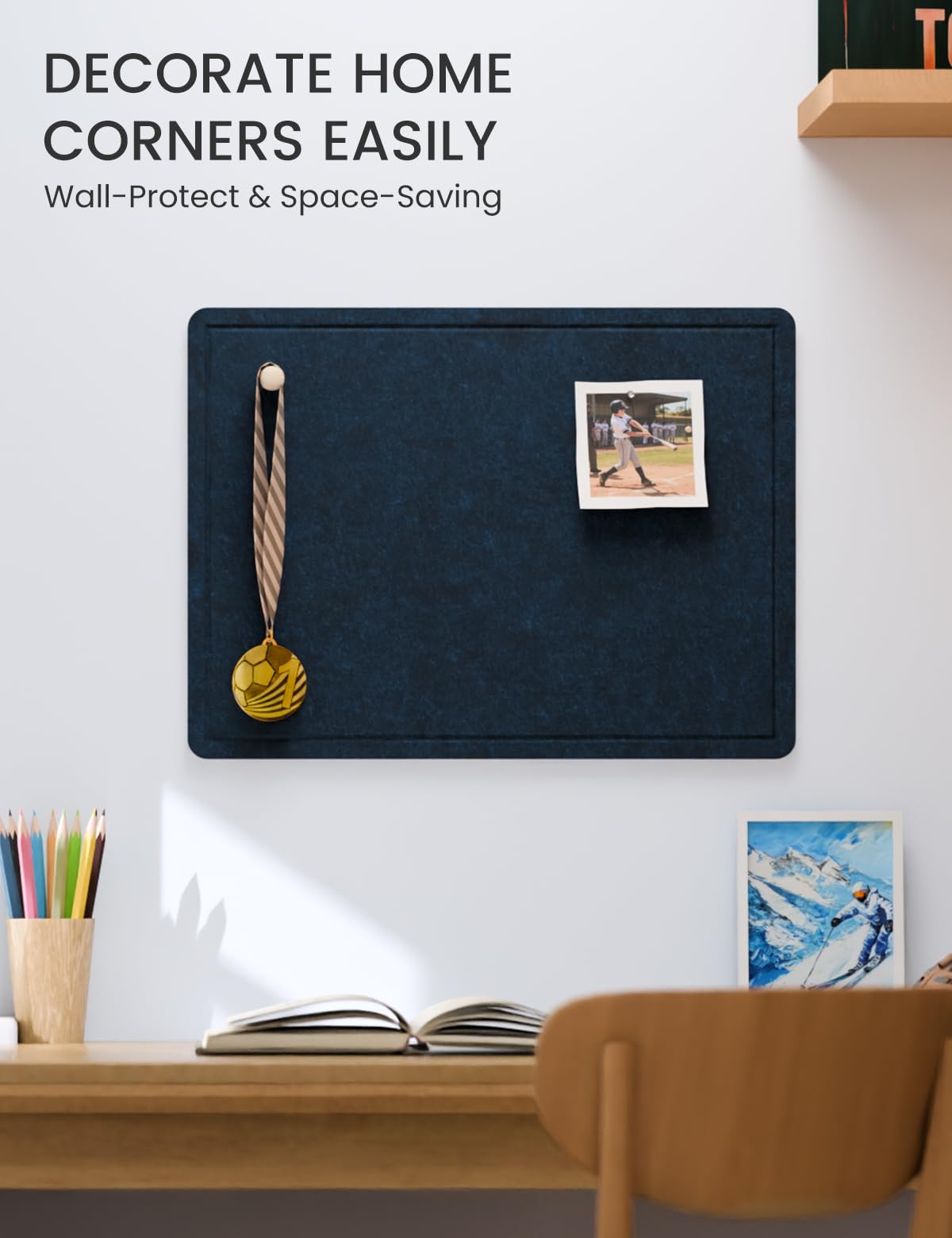 Fluxynara Bulletin Board, 23.6" x 17.5" Cork Board Alternative with 12 Safe Removable Adhesive Tabs, Foldable Felt Pin Board for Home Office, Classroom, Bedroom,Entryway for Walls—Carbon Blue