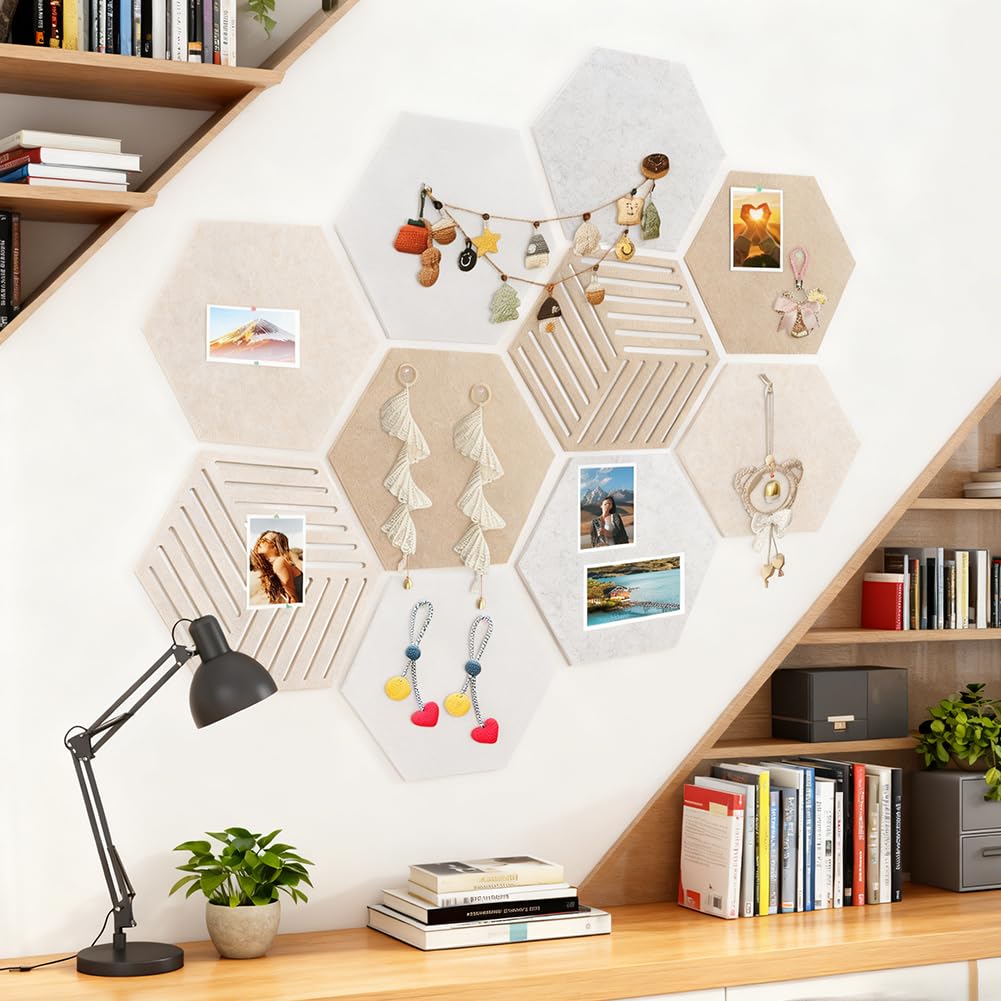 10Pack Hexagon Cork Boards for Walls Decor,Felt Board Tiles with 100 Push Pins,Felt Bulletin Board Tiles for Office & Home for Notes Photos and DIY Classroom Decor
