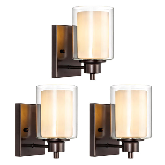 Eidonta Bath Vanity Light Fixtures, Modern Wall Scone with Dual Glass Shade, 3 Pack, Oil Rubbed Bronze