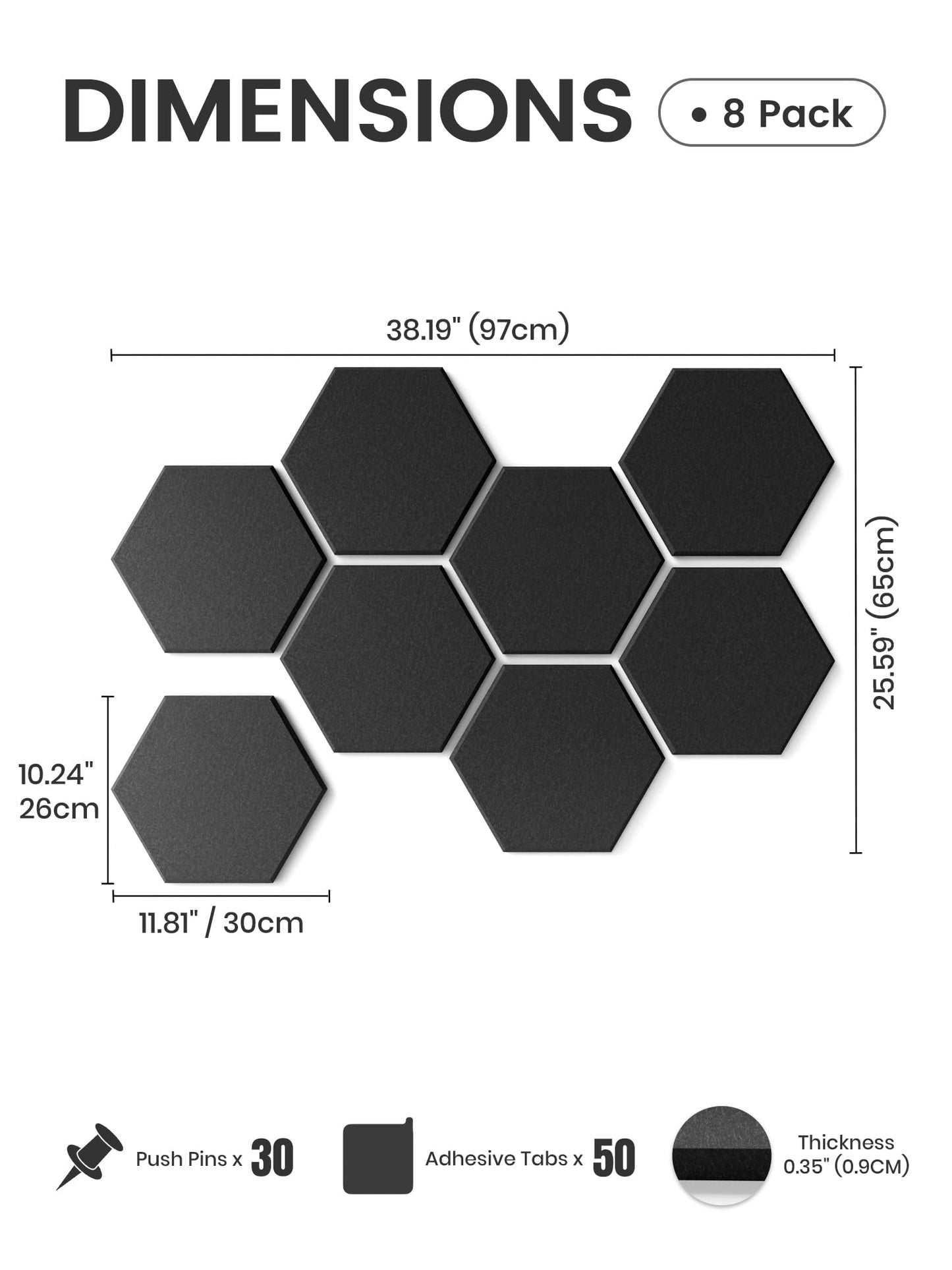Fluxynara Hexagon Cork Board Alternative for Walls Decor-8-Pack Felt Bulletin Board Tiles,with 30 Pushpins,50 Adhesive Tabs for Office,Classrooms & Home Pin Board Felt Board-Black
