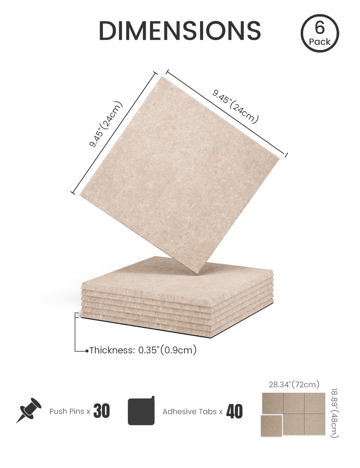 Felt Bulletin Board Tiles -28"x18" Cork Board Alternative for Office Decor, Push Pin Board Wall Organizer 6-Pack -Taupe