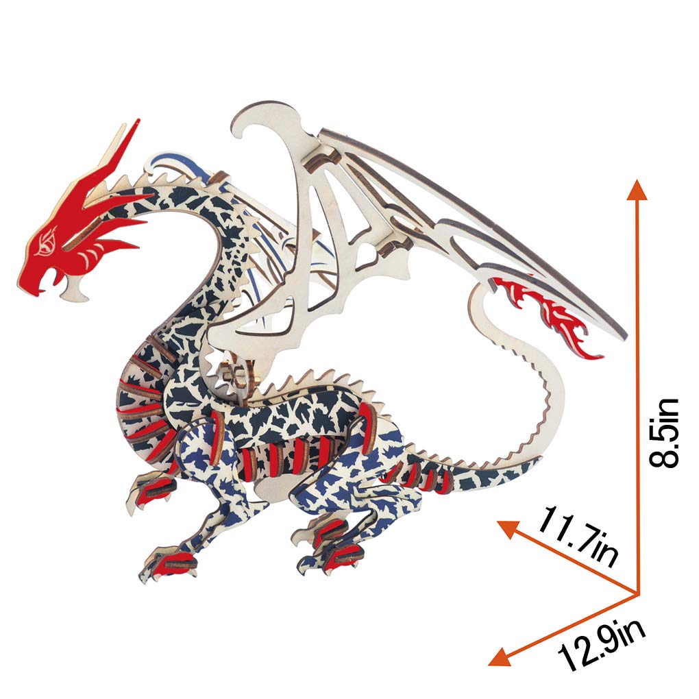 Bitopbi 3D Wooden Puzzles Laser Engraving DIY Safe Assembly Constructor Kit Toy for Teens and Adults World Animal Mechanical 3-D Models for Self-Assembly (Flying Dragon)