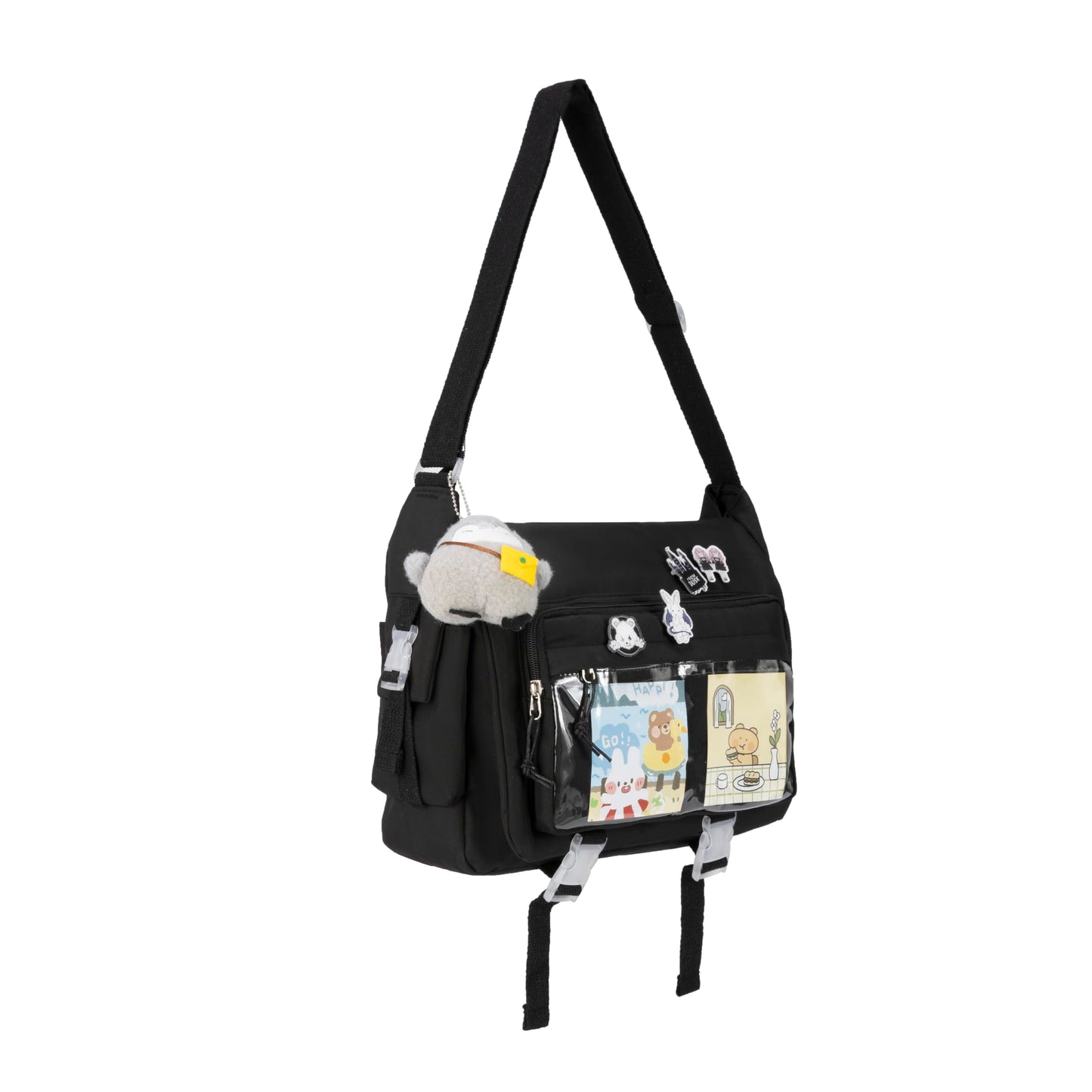 Kawaii Crossbody Ita Bag for Women with Pin and Plush Penguin, Cute Messenger Bag Japanese Crossbody Bag Y2K Purse Black Fit 15.6 Inch Laptop