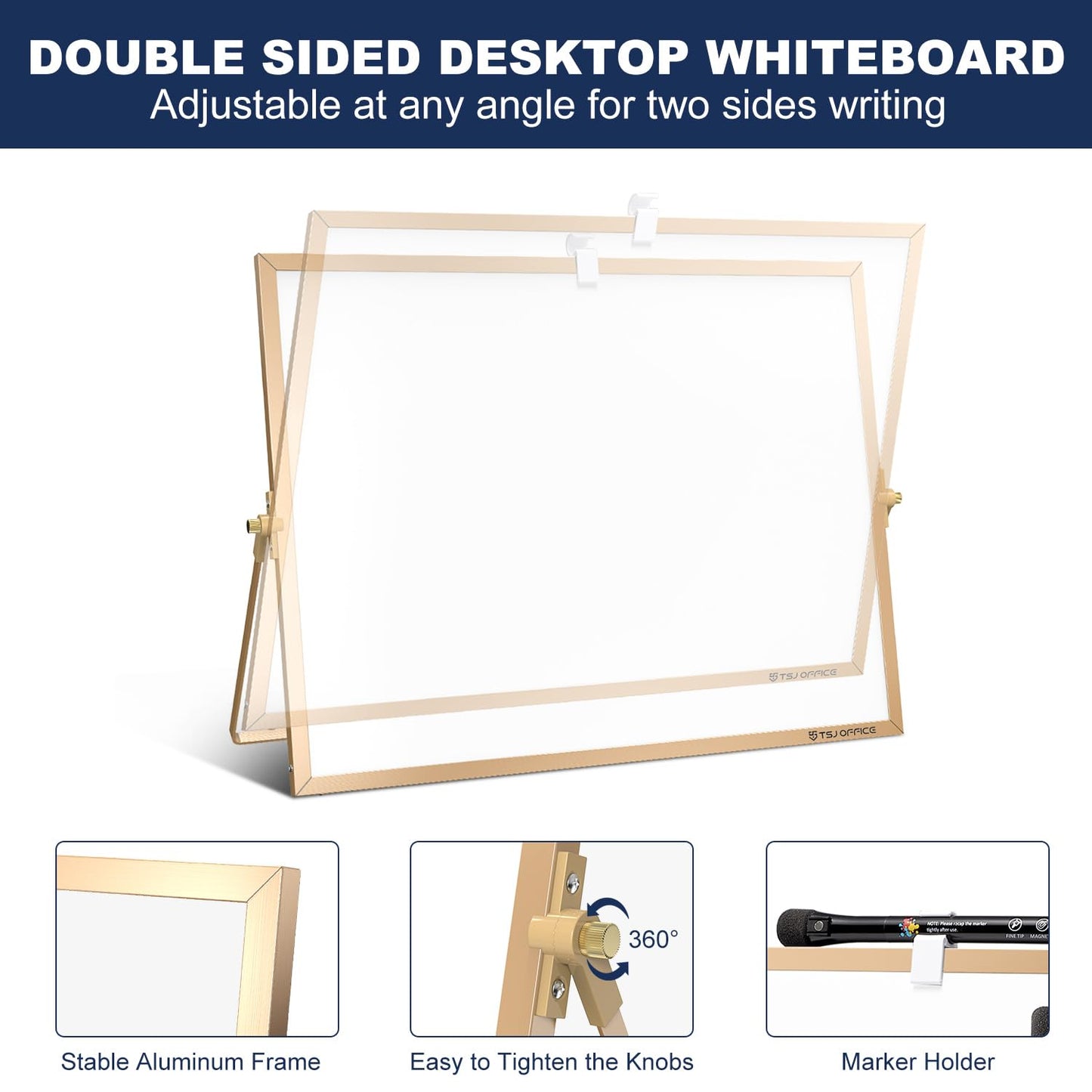 TSJ OFFICE Small White Board - 12 X 16 Inches Small Magnetic Dry Erase Board with Hooks for Wall, Desktop Whiteboard Stand 360 Degrees Revolving Double Sided for Office, Home, School, Gold
