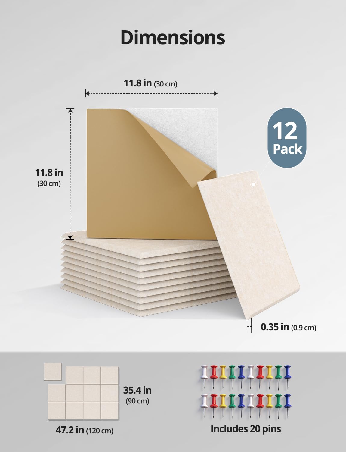 Kuchoow Large Felt Bulletin Cork Board Self Adhesive Beige Squares Pin Wall Tiles, 48'' x 36'' Vision Tack Panels for Classroom Office Display 12 Pack Corkboard for Kitchen Bedroom Home Decor