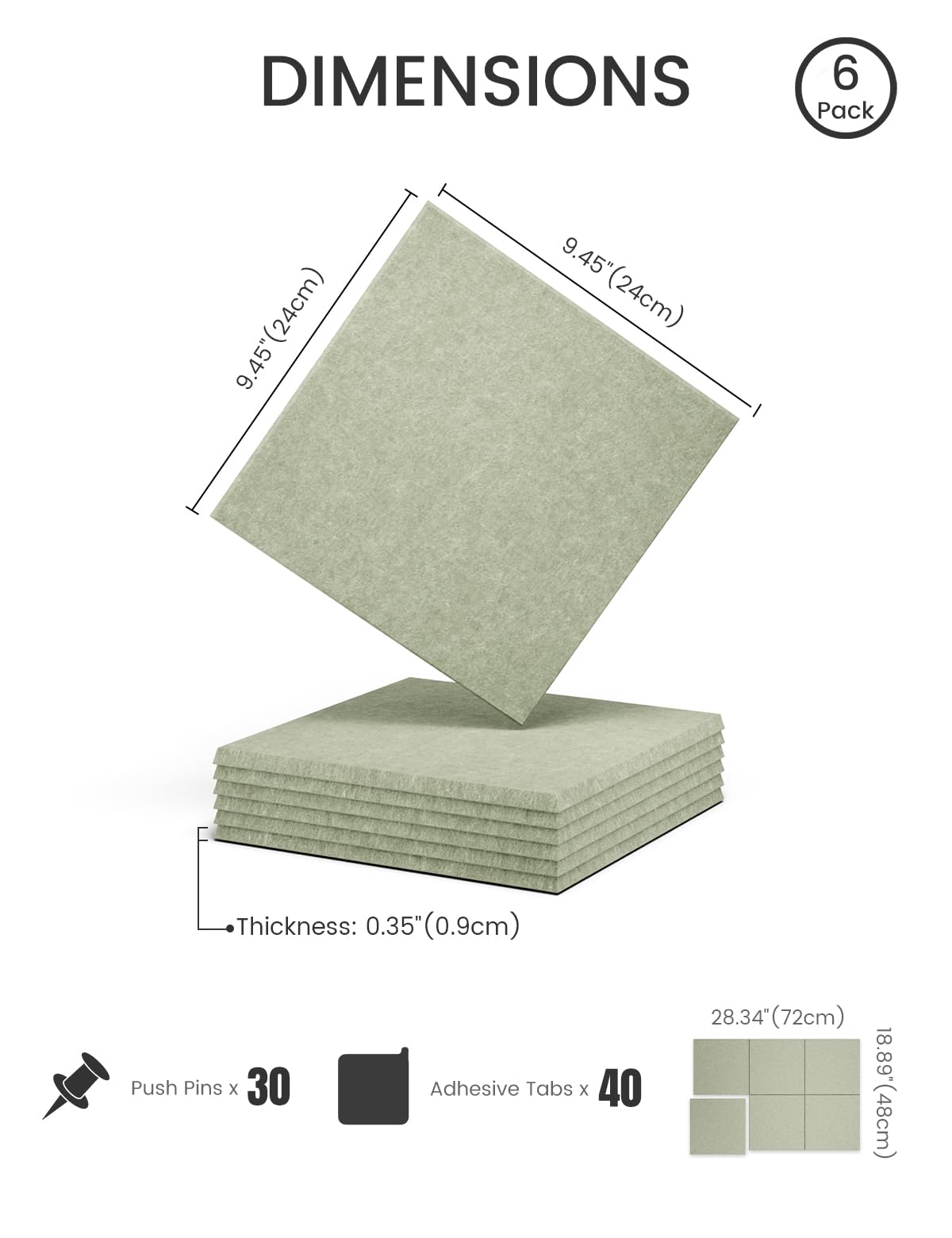 Felt Bulletin Board Tiles -28"x18" Cork Board Alternative for Office Decor, Push Pin Board Wall Organizer 6-Pack - Sage