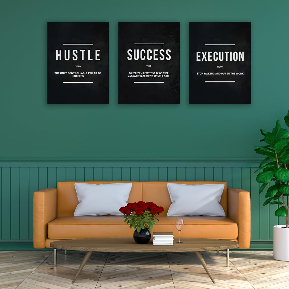 Halioyo Motivational Wall Art, 3 Pane Inspirational Canvas Prints with Positive Saying, Hustle Success Office Wall Decor for Living Room, Bedroom, Workspace, Ready to Hang(12x16 inch)