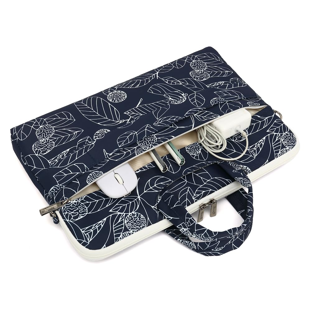 canvaslife Patten Waterproof Laptop Shoulder Messenger Bag Case Sleeve for 14 Inch 15 Inch Laptop Briefcase 15.6 Inch (Blue leaves)