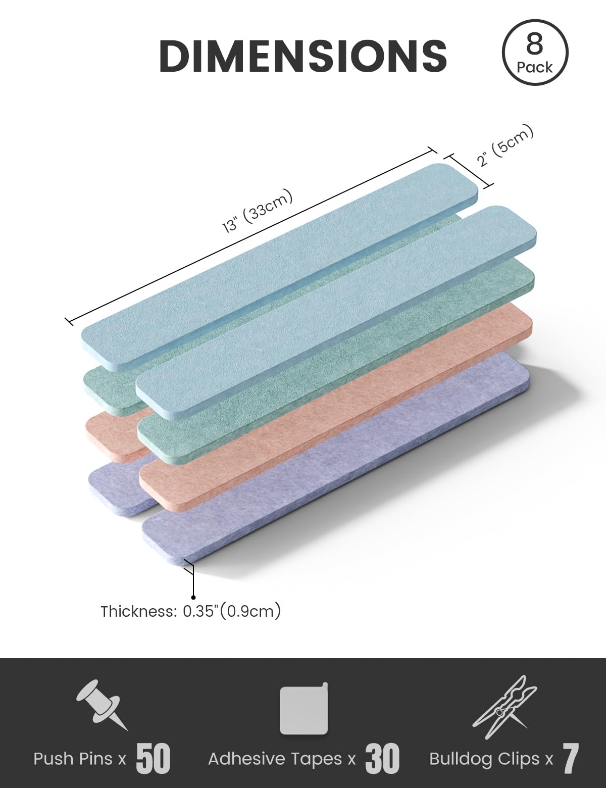 Fluxynara Cork Board Alternative Felt Strip Board 8-Pack 13"x2", Office Pin Board with 50 Push Pins, Adhesive Install for Bedroom Door & Home Office (Coastal Haze)