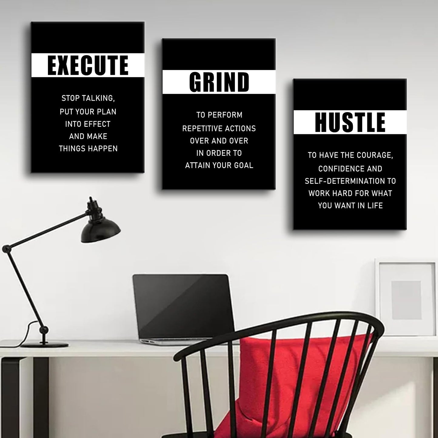 PSYYSP 3 Piece Canvas Wall Art Execute Grind Hustle Posters, Black White Motivational Triptych Wall Decor for Office, Bedroom, Dorm, Business Workspace, Framed Canvas 36x16inch