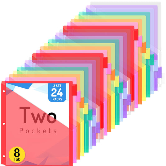 Forvencer 24 Count Binder Dividers with Two Pockets, 8 tab Dividers for 3 Ring Binders Organizer, Binder Divider with Tabs for School Office and Home Organization, Multicolor, 3 Sets