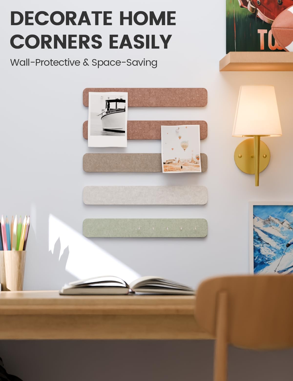 Fluxynara Cork Board Alternative Felt Strip Board 5-Pack 13"x2", Office Pin Board with 35 Push Pins, Adhesive Install for Bedroom Door & Home Office (Boho)