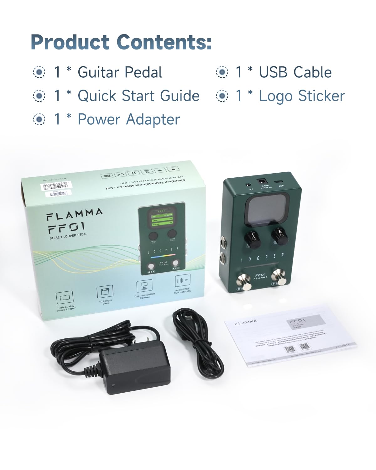 FLAMMA Looper Guitar Pedal, FF01 Looper Pedal with 40 Slots 160 Mins Looping Time, Stereo Guitar Loop Pedals with Screen for Electric Guitar/Bass, Fade Out, USB Data Management