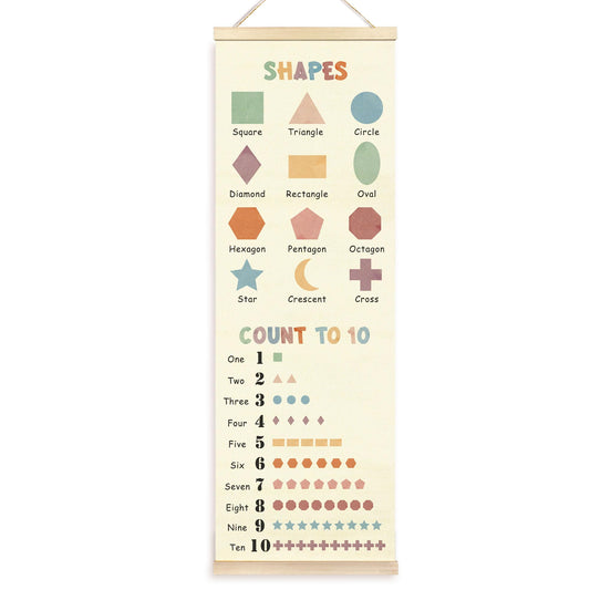 TAEDIN Boho Classroom Wall Art Poster Hanger Frame, Kids Room Wall Art with Wood Frames, Shapes Number 1 to 10 Educational Hanging Decor for Kids Boys Girls Toddler Room Bedroom Playroom, 12x35 Inches