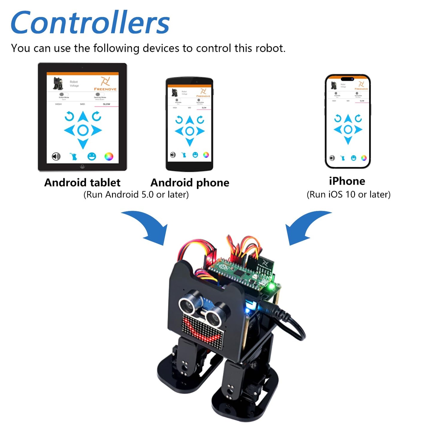Freenove Bipedal Robot Kit for Raspberry Pi Pico (Included) (Compatible with Arduino IDE), LED Matrix Expressions, Obstacle Avoidance, Colorful Lights, Buzzer, Speaker, App