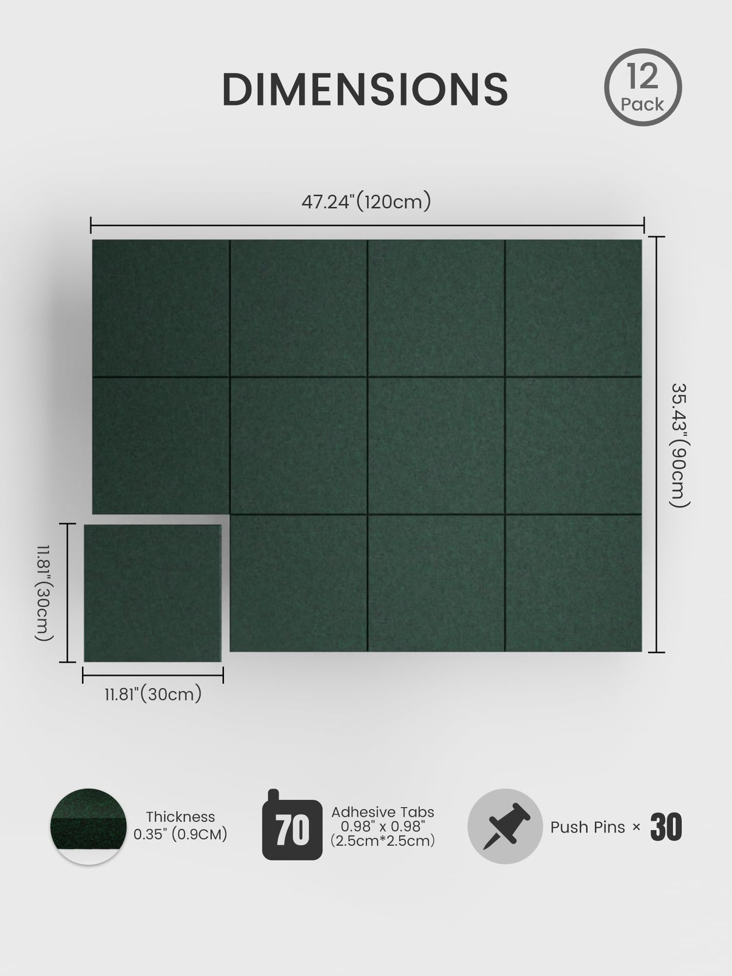 Bumusty Large Cork Board 48" x 36" Alternative - 12 Pack Felt Wall Tiles with 70 Safe Removable Adhesive Tabs, 30 Pushpins, Cork Boards for Walls Pin Board Bulletin Board Office Decor (Pine Green)