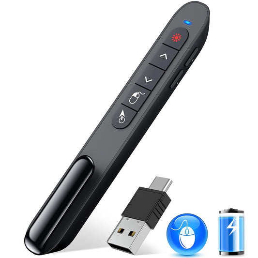 2 in 1 USB Type C Wireless Presenter Remote with Air Mouse, Rechargeable Presentation Clicker PPT Pointer RF 2.4GZ PowerPoint Clicker Slide Advancer for Computer Mac