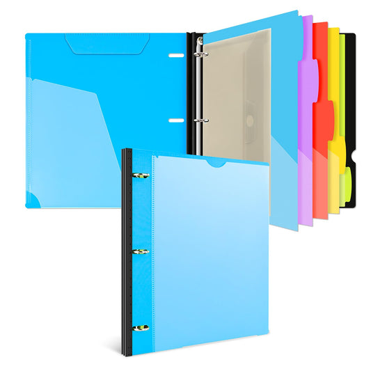 INFUN 1 Inch 3-Ring Telescoping Project Organizer Binder,13 Pocket, Customizable Front Cover, 5 Colors Pocket Divider and Plastic Binder Pocket，225 Sheet Capacity-Blue