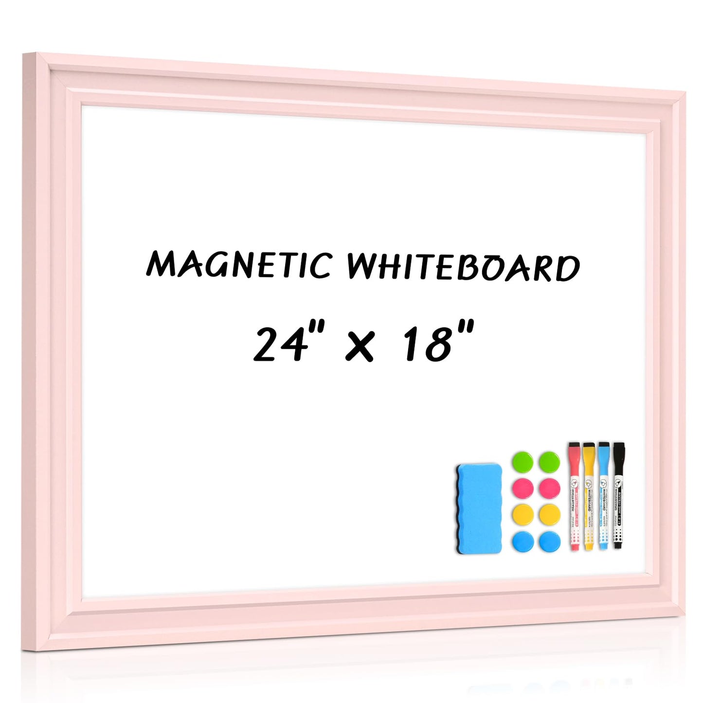 QUEENLINK White Board for Wall, 24'' x 18'' Magnetic Dry Erase Board, Decorative Whiteboard with Pink Wooden Frame, Hanging Writing Board for Home Office School Dorm