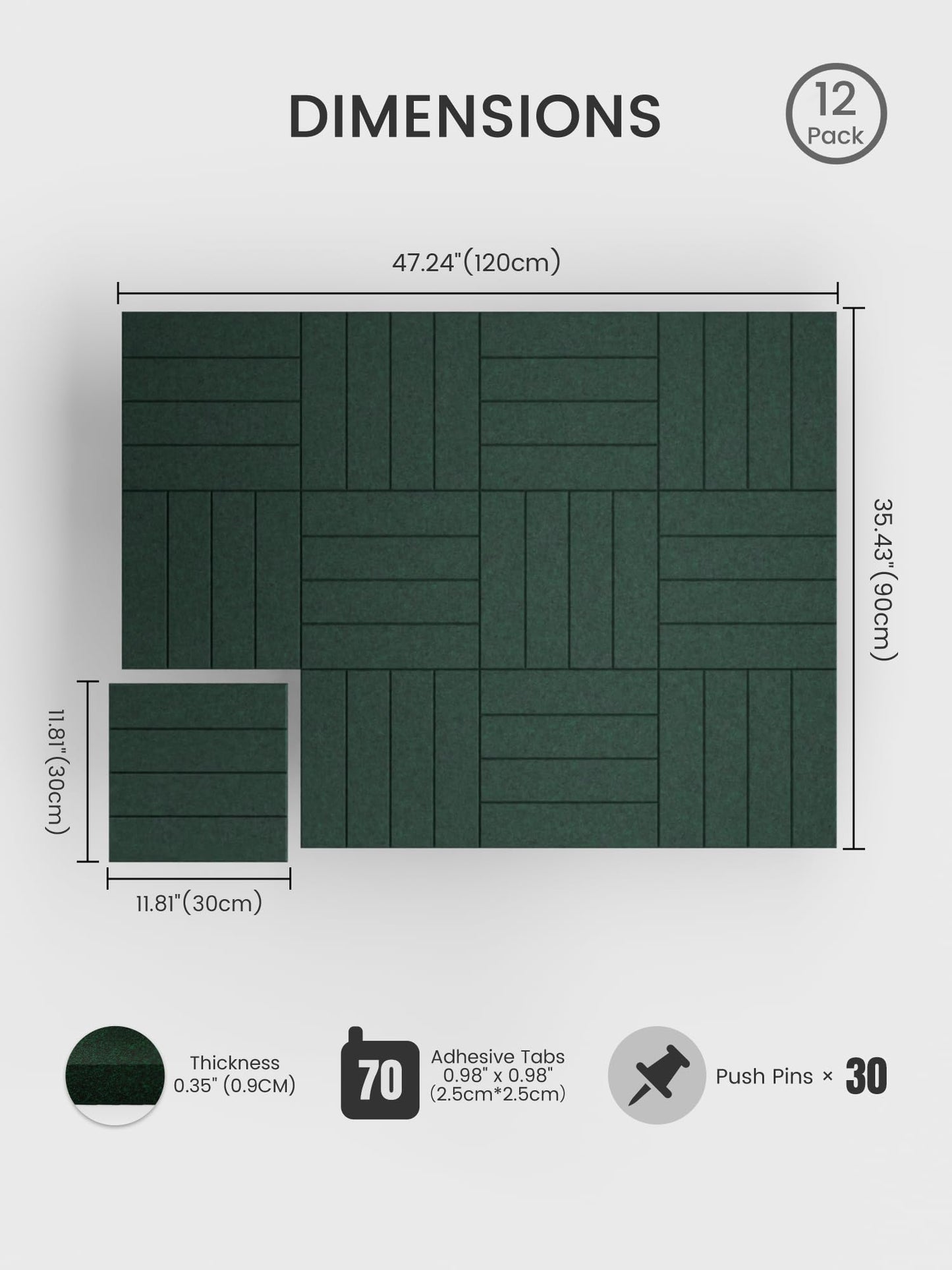 Bumusty Large Cork Board Alternative-48 x 36" Felt Bulletin Board Tiles, with 30 Pushpins, 70 Adhesive Tabs, Bold-Stripe 12-Pack, Cork Boards for Office Push Pin Board Felt Board-Pine Green