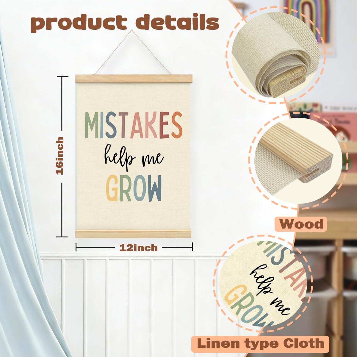 STHTTSW Boho Classroom Decor,Mistakes Help Me Grow Wall Hanger with Wooden Frames,Homeschool Motivational Mental Health Wall Decor for Therapy Counselor Office 12x16 Inch