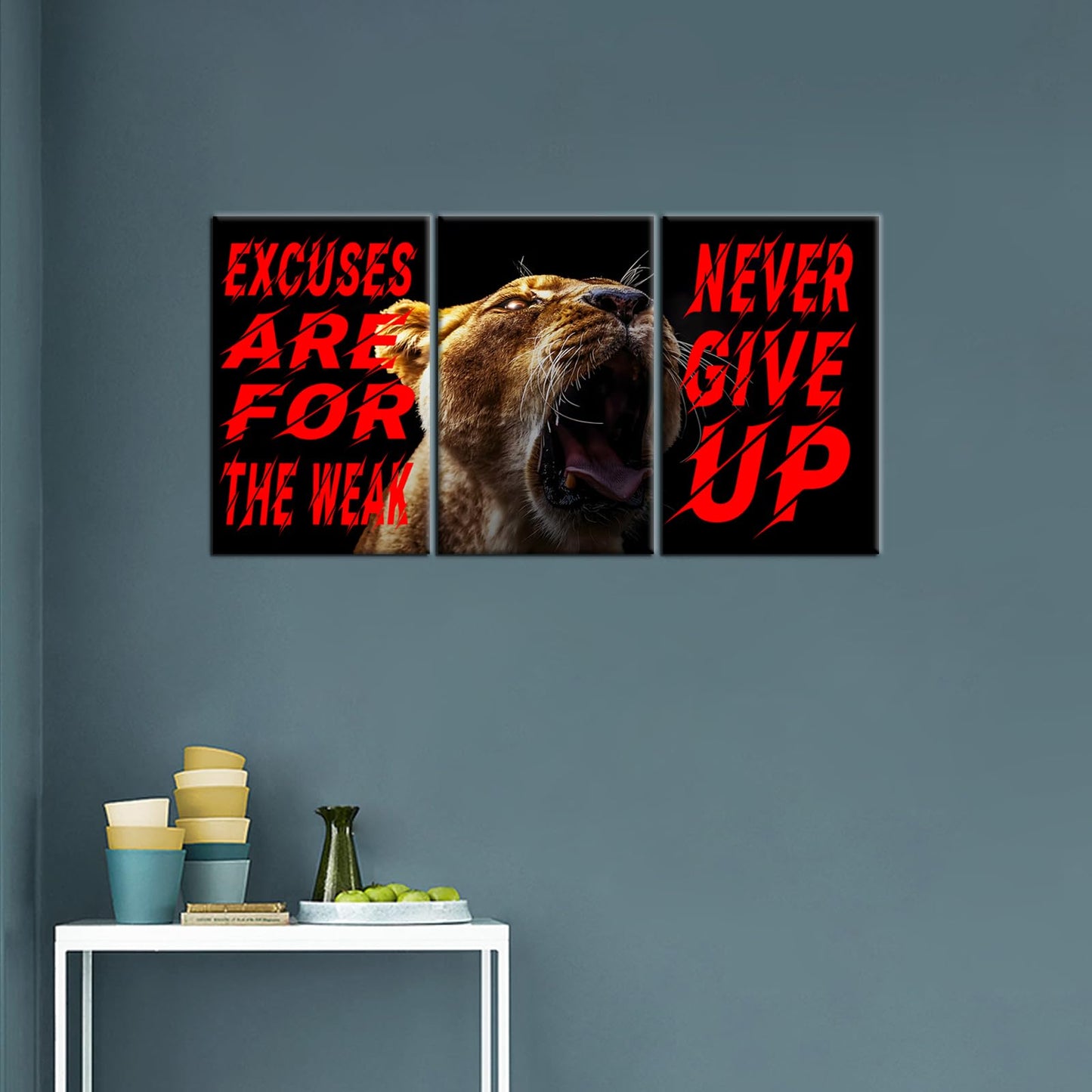 YSPCSUN Triptych Wall Decor Inspirational Posters for Office, Roaring Lion Excuses Quote 3 Panel Canvas Prints for Home Office Dorm Gym Room, 48x24 Inch Display Print Decor
