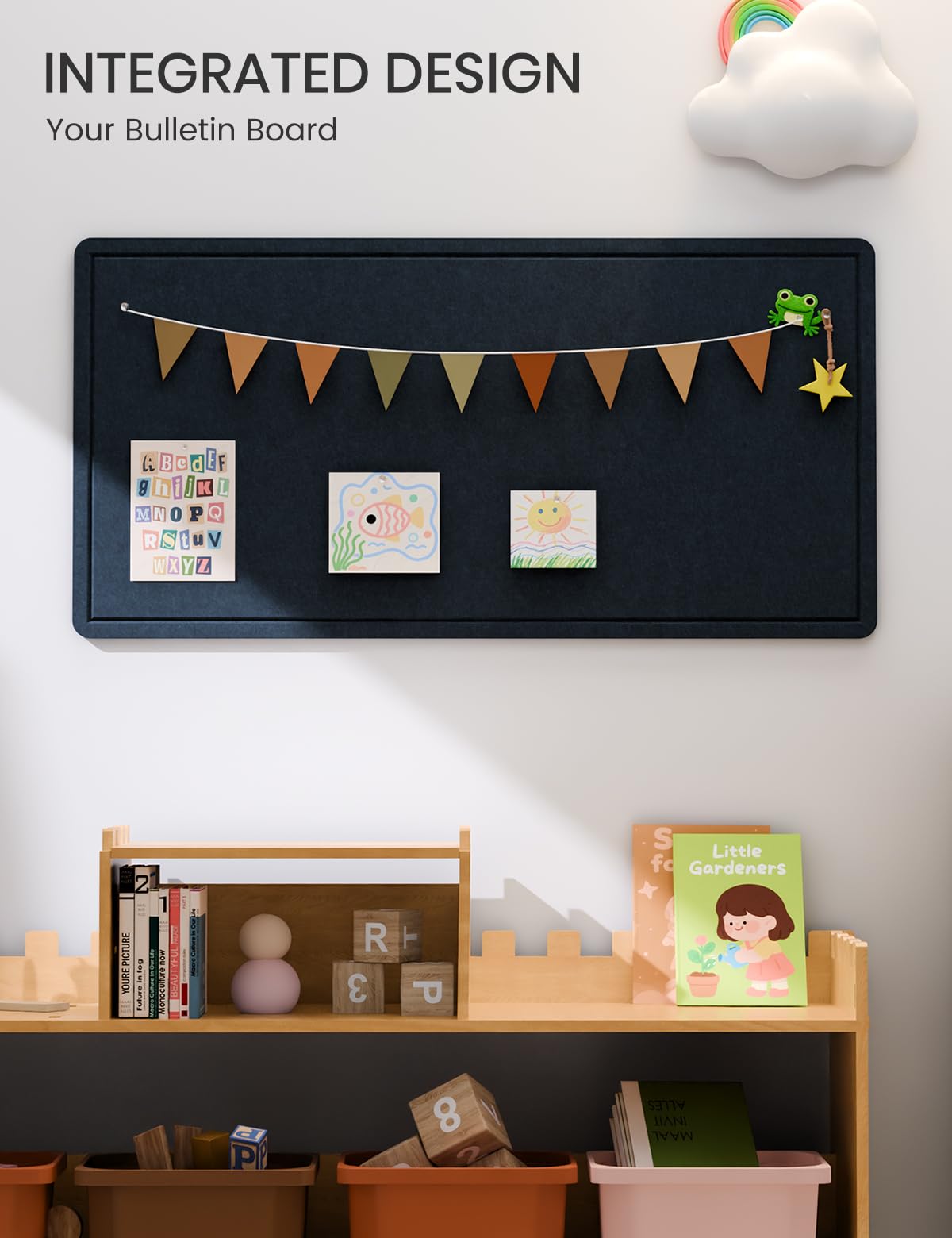 Fluxynara Bulletin Board, 35" x 17.5" Cork Board Alternative with 12 Safe Removable Adhesive Tabs, Foldable Felt Pin Board for Home Office, Classroom, Bedroom,Entryway for Walls—Carbon Blue