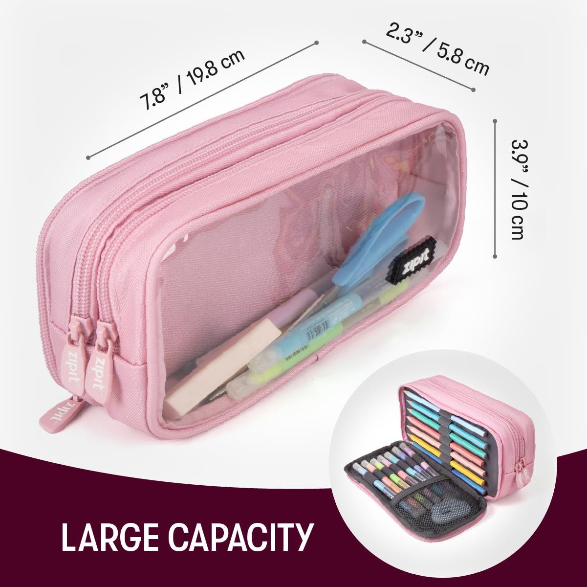 ZIPIT Half & Half Pencil Case for Girls, Aesthetic 3 Compartment Zipper Pouch for School, Stationery Bag for Teen and Adults, Pink