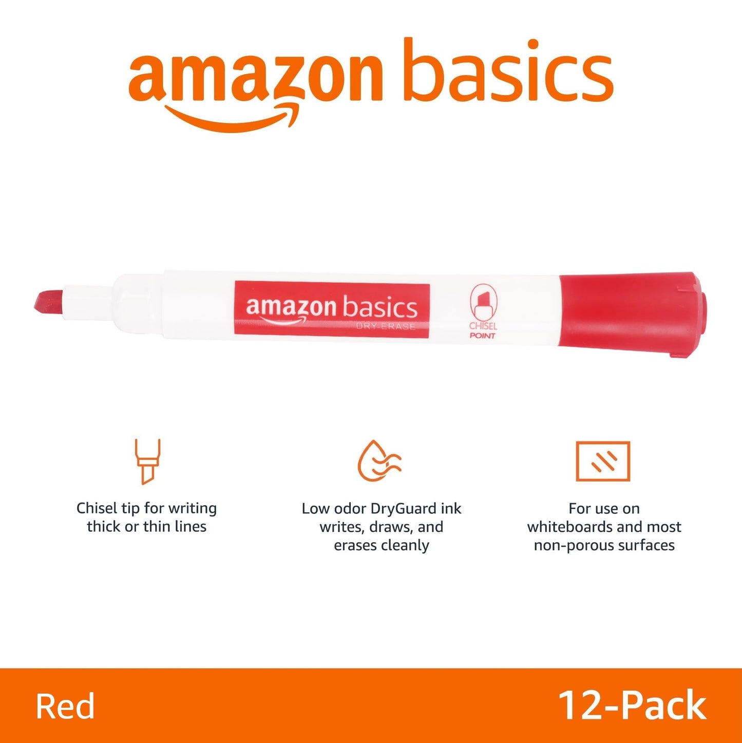 Amazon Basics Dry Erase Whiteboard Markers, Chisel Tip, Low-Odor, Red, 24-Pack, For Writing on Whiteboards