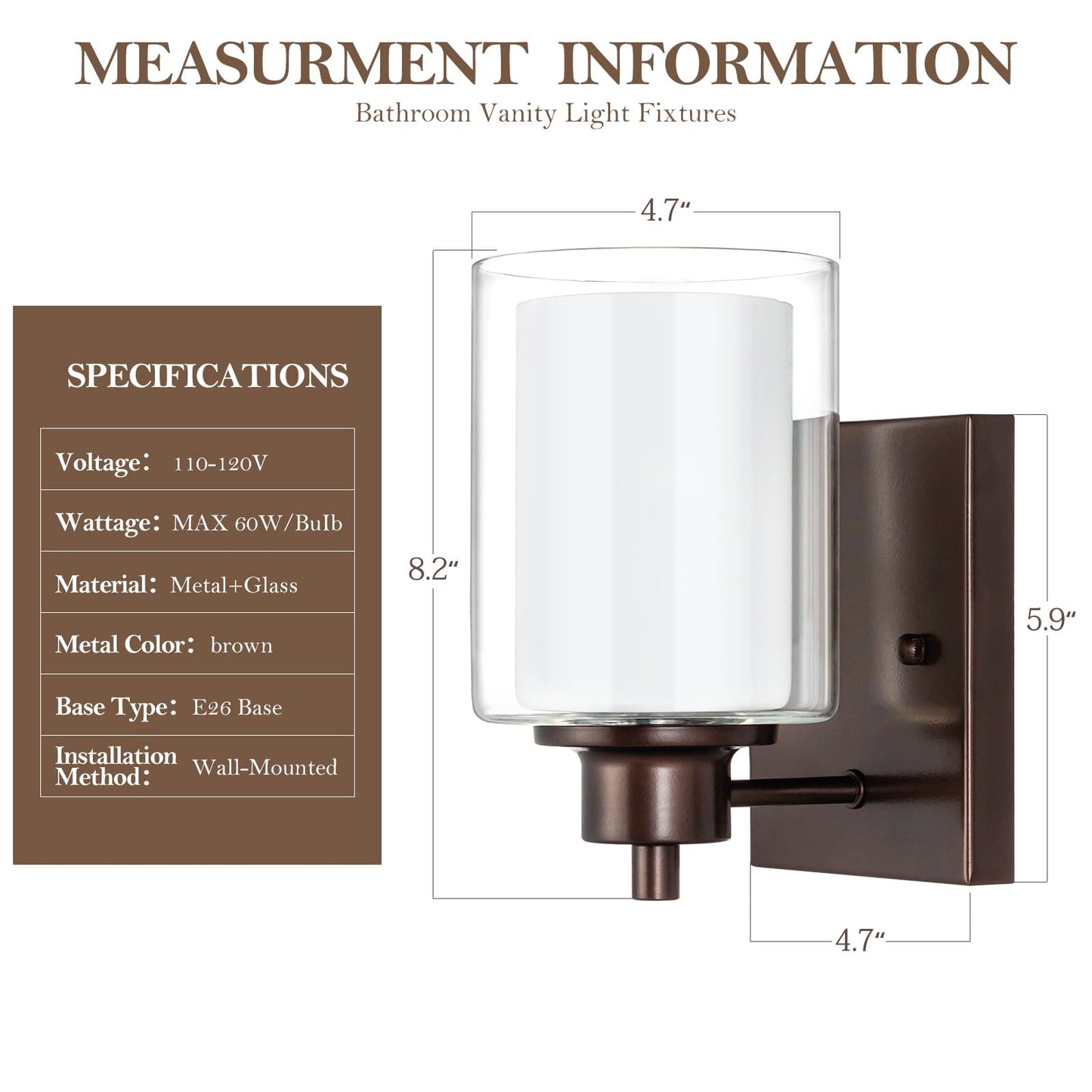 Eietonte 1-Light Bath Vanity Light Fixtures, Oil Rubbed Bronze, Dual Glass Shade, 2 Count, Model EIEWL001-ORB2P