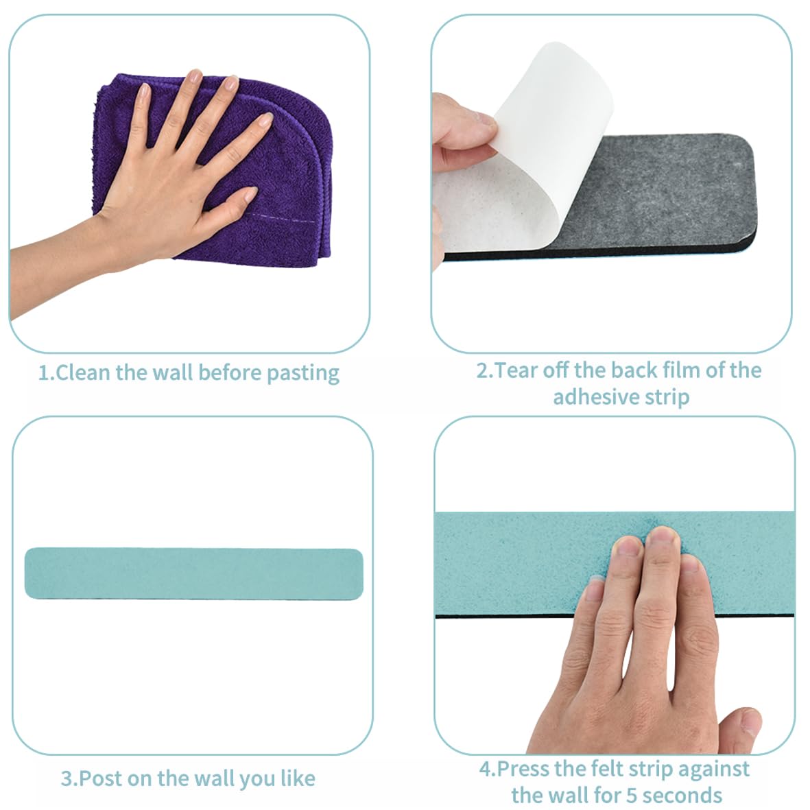 Vuzvuv 8 pcs Bulletin Board Bar Strips with 50 Pushpins & 10 Wooden Clip pins，Self Adhesive Cork Board for Wall，Felt Pin Board for School，Office Decor(Mint Green)