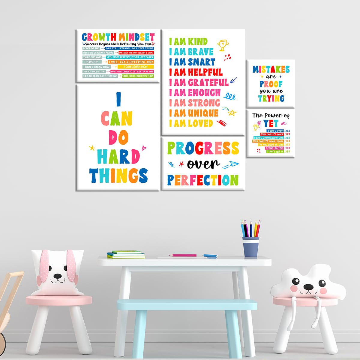 Kids Affirmation Wall Decor,Positive Growth Mindset Wall Art Canvas Frame Poster Print for Kids Bedroom Nursery Classroom Mental Health Psychological Counseling Office Wall Decor,Set of 6