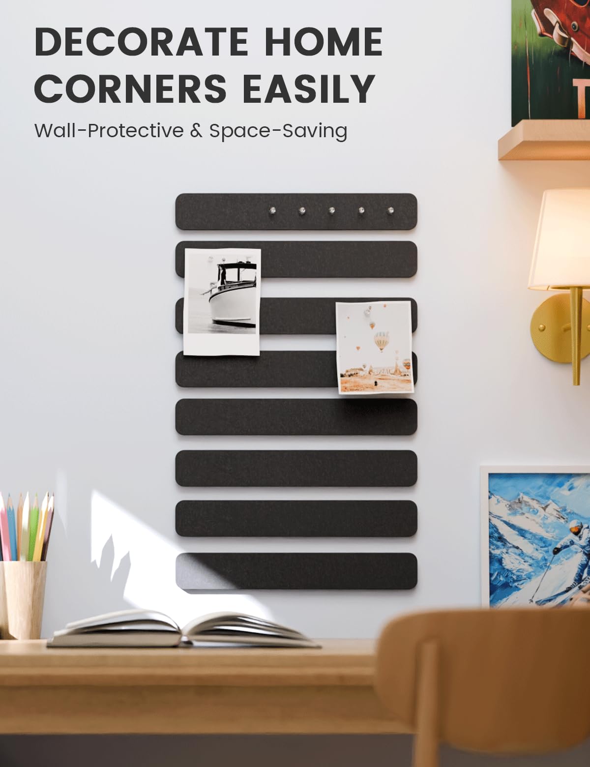Fluxynara Cork Board Alternative Felt Strip Board 8-Pack 13"x2", Office Pin Board with 50 Push Pins, Adhesive Install for Bedroom Door & Home Office (Black)