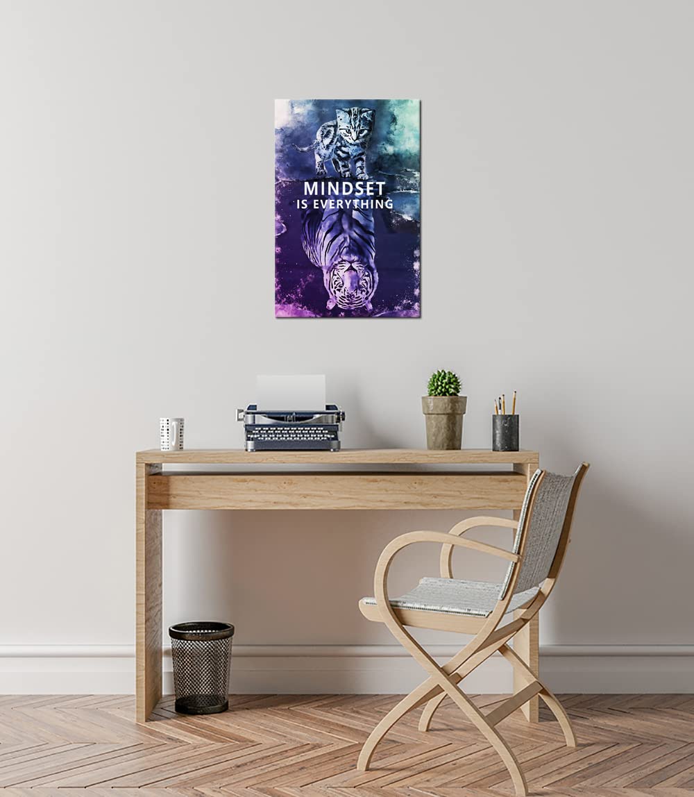 Mindset is Everything Cat and Tiger Canvas Wall Art Pictures Print Wall Art Inspirational Poster Picture Wall Painting Modern Abstract Motivational Artwork Decor Home Living Room Office[12''W X 18''H]