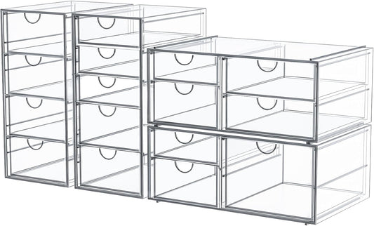 caktraie Makeup Organizer Storage With 16 Drawers, 4 Pcs Desktop Office Supplies, Desk Organizers, Clear Accessories, Dustproof Storage Drawer and for Make Up, Jewelry, Pen, Stationary
