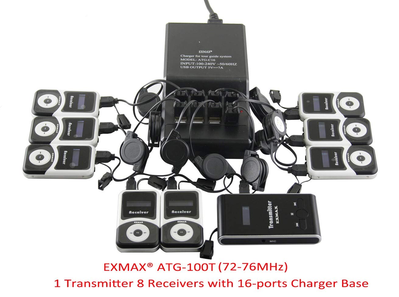 EXMAX® EX-100 Wireless Tour Guide System Translator Device for Courtroom Church Translation Simultaneous Language Interpretation City Tour Travel (1 Transmitter 8 Receivers 16-port Charging Station)