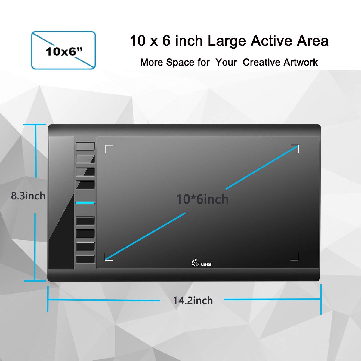 Drawing Tablet, UGEE M708 10 x 6 inch Large Drawing Tablet with 8 Hot Keys, Passive Stylus of 16384 Levels Pressure, Digital Graphics Art Tablet for PC Paint, Design, Art Creation Sketch
